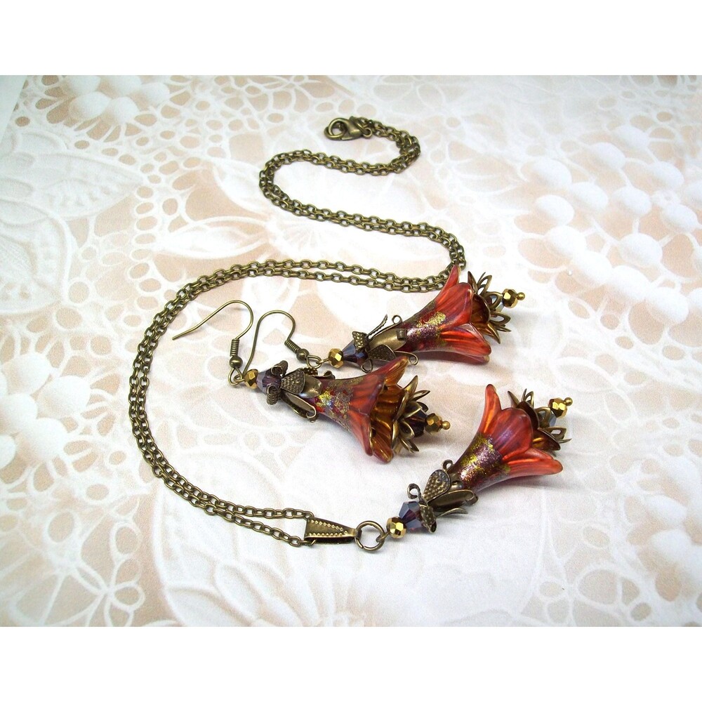 Floral Gothic Cottagecore Jewelry Set, Baltic Amber Orange, Vintage Style, Hand